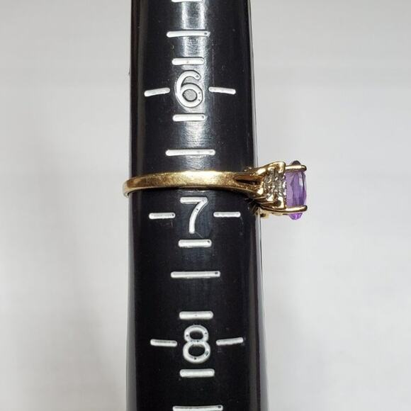 Stamped 14K Fine Yellow Gold Amethyst Diamond Accent Ring Vintage - Picture 7 of 10